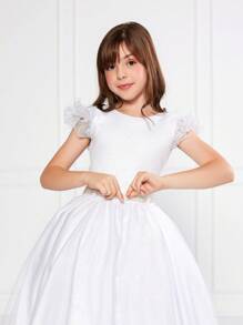 Children's White Glitter Dress Sleeve Godê Round Party Princess Themed Pearl Belt - 白色 - 查看 3