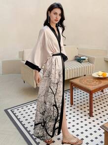 Women's Kimono Robe Long Satin Robe Floral Robe Kimono Bathrobe Nightgown - trắng - Xem 4