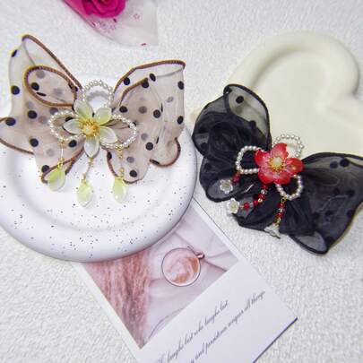 1pc 2-Color Elegant Women's Ribbon Bow Boho Cute Hair Claw, Champagne Gold, Suitable For Christmas, Halloween, Sweet Everyday And Party Use!