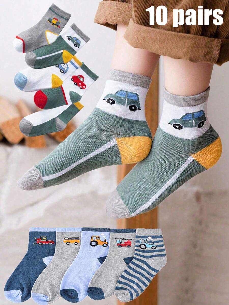 10 Pairs Of Cartoon Car Breathable Socks For Children Aged 1-16 - Multicolor - View 1