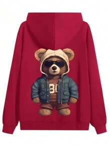 休闲春秋新款男士夹克，个性化可爱小熊配太阳镜印花，拉链口袋，常规版型运动服 - 紅色 - 查看 2