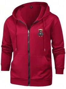 休闲春秋新款男士夹克，个性化可爱小熊配太阳镜印花，拉链口袋，常规版型运动服 - 紅色 - 查看 3