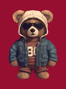 休闲春秋新款男士夹克，个性化可爱小熊配太阳镜印花，拉链口袋，常规版型运动服 - 紅色 - 查看 4