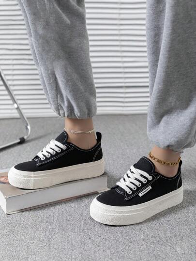 Women's Fashion Versatile Black Lightweight Lace-Up Round Toe Canvas Flat Non-Slip Casual Outdoor Sport Shoes, Spring/Summer