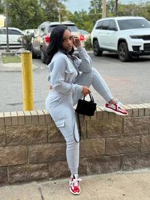 Autumn And Winter Padded Leisure Women's Two-Piece Zipper Thread Splicing Top Work Pants Fashion Sports Suit - Grey - View 5