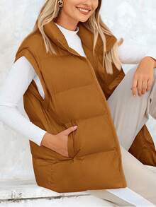 Women's Padded Waistcoat Autumn Casual Stand Collar Light Sleeveless Zipper Padded Jacket - Brown - View 6