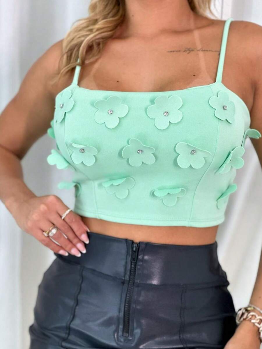 Cropped Top With 3D Flower Straps Dina Straight Neckline New Spring Summer Fashion - 橄欖綠 - 查看 1