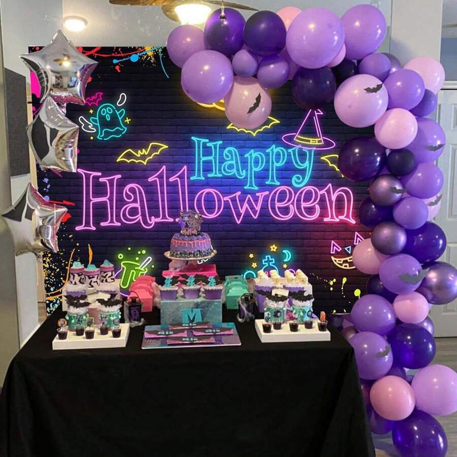 1 件 7x5 英尺 5x3 英尺万圣节背景万圣节霓虹蝙蝠不给糖就捣蛋蜘蛛网恐怖南瓜万圣节摄影背景装饰照相亭工作室道具 - 彩色 - 查看 1