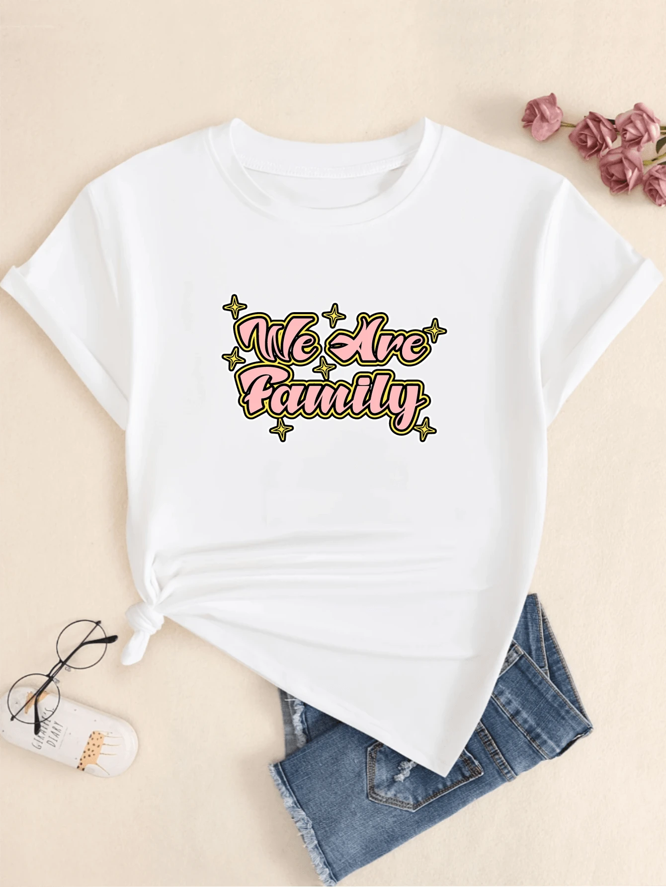 We Are Family Star T-Shirt Cotton Shirt Print Casual Streetwear Premium Women - trắng - Xem 1