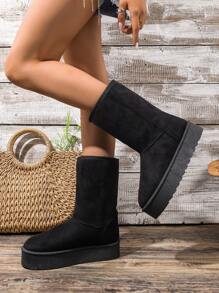 女士厚底黑色防滑高筒雪地靴，冬季保暖隔热 - 黑色 - 查看 2