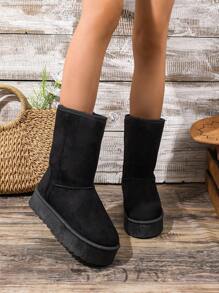 女士厚底黑色防滑高筒雪地靴，冬季保暖隔热 - 黑色 - 查看 3