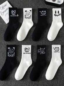 5 Pairs Assorted Men Crew Socks, Ghost Face Graphic, Suitable For Spring/Autumn, Basketball, Everyday Wear, Black & White, Fall - Multicolor - View 4