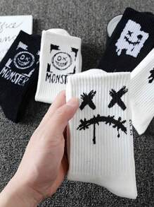 5 Pairs Assorted Men Crew Socks, Ghost Face Graphic, Suitable For Spring/Autumn, Basketball, Everyday Wear, Black & White, Fall - Multicolor - View 5