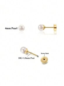 女士金色螺丝背珍珠耳钉，平背珍珠软骨耳环，珍珠螺旋耳环，防过敏不锈钢穿孔珠宝，适合女孩的礼物 - 耳環 - 查看 13