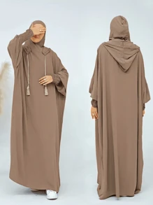 1 pieza Abaya de estilo de moda de Dubai con capucha, de color liso y arrugado de gasa, talla grande, adecuado para uso diario en primavera, verano y otoño, para mujeres