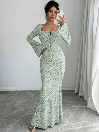 Women's Floral U-Neck French Style Elegant Long Bodycon Mermaid Dress