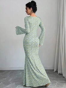 女式花卉 U 领法式优雅长款紧身鱼尾裙 - 藍色 - 查看 2