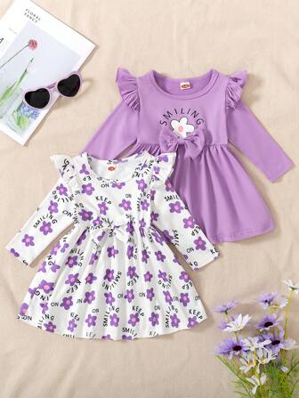 女宝宝时尚休闲花朵字母印花长袖连衣裙套装