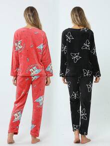 2Sets Conjunto de Pijamas Polar para Mujeres Mayoreo, Pijama de Invierno Grueso y Abrigado ,Cómodos y Relajados - Blanco y Negro - Ver 2
