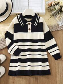 1pc Young Girl Sweet Korean Style Fashion Plaid Knit Collared Dress, Pink Princess Dress For Autumn - Black - View 1
