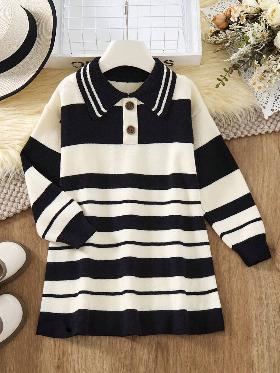 1pc Young Girl Sweet Korean Style Fashion Plaid Knit Collared Dress, Pink Princess Dress For Autumn - Black - View 1