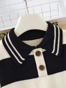 1pc Young Girl Sweet Korean Style Fashion Plaid Knit Collared Dress, Pink Princess Dress For Autumn - Black - View 2