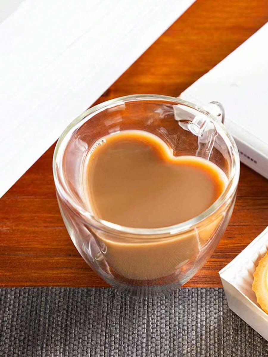 1 pezzo Tazza di vetro a doppio strato a forma di cuore da 180ml con manico, bottiglia d'acqua isolata, tazza di caffè in vetro a forma di cuore (cucchiaio non incluso, venduto separatamente), tazza di vetro a doppio strato, tazza da caffè, tazza isolata, design a strato interno a forma di cuore