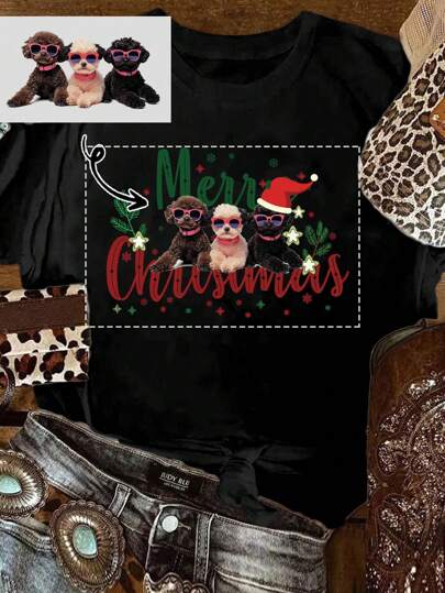 Custom Christmas Women's Fashion Base Top, Round Neck Christmas Print Funny T-Shirt