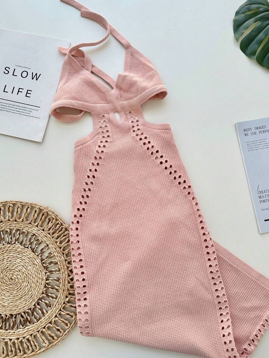 Open Back Midi Dress With Tie Neck Embroidered New Collection Women's Fashion - Bụi hồng - Xem 1