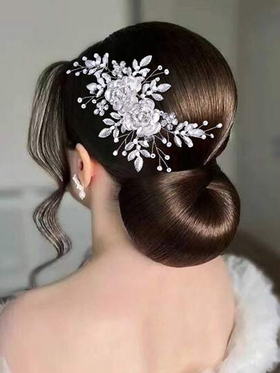 1pc Handmade Silver Flower Bridal Hair Clip, Rhinestone Decor Women Headpiece Suitable For Wedding, Party, Holiday Gift
