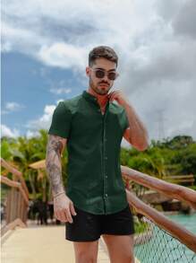 Men's Short Sleeve Shirt With Priest Collar, Linen Look - Assorted Colors - Comfortable - xanh quân đội - Xem 7