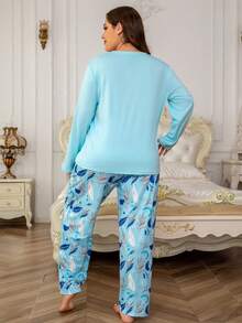 秋冬季优雅大码女士长袖长裤两件套，时尚花卉印花图案亲肤舒适透气女士睡衣套装可外穿 - 彩色 - 查看 2