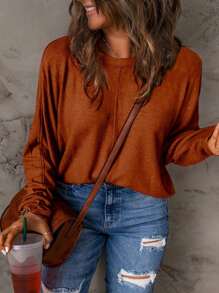 Women's Casual Tee Solid Color Top Green Cotton Blend, Long Sleeve Pullover Relaxed Fit Crew Neck Hip Length Solid Color Pattern Fall/Winter Soft Texture Everyday Wear - bí ngô - Xem 1