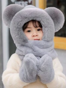 Toddlers' Winter Cute Bear Earflap Hat With Scarf And Gloves 3-In-1, Thermal Lined Windproof Kids Hat, Unisex - Solid Color Ears Plush Three-piece Hat - View 21