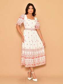 Helena Crepe Printed Midi Dress With Short Sleeves - Orange - View 2
