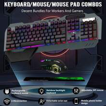 Wireless Gaming Keyboard And Mouse,Rainbow Backlit Rechargeable Keyboard Mouse With 3800mAh Battery Metal Panel,Removable Hand Rest Mechanical Feel Keyboard And 7 Color Gaming Mute Mouse For PC Gamers - 黑色 LED 混合 - 查看 4