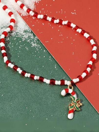 1pc Christmas New Handmade Beaded Necklace, Candy Color Beaded Pendant Short Choker Necklace