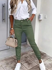 Women's Solid Color Slim Fit Lightweight Long Pants, Versatile For Commuting & Everyday Wear, Spring/Summer - Green - View 1
