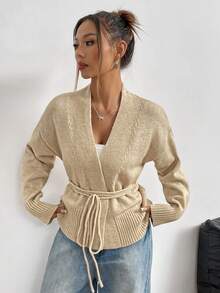 Women's Drop Shoulder Lace-Up Cardigan With Waist Tie And Wrap Chest Design - Khaki - View 5