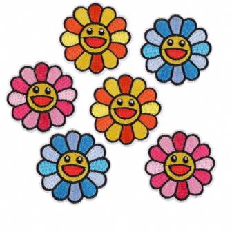 6pcs Smiling Face Sunflower Cloth Sticker DIY Embroidery Patches, For Jacket, Jeans, Shirts, Trucker Hats - DIY Craft Applique