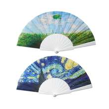 Two Folding Fan Hand Fans, Hand Fans With Famous Paintings By Van Gogh And Gustav Klimt And Monet Painted Beautiful Fabric - Multicolor - View 12