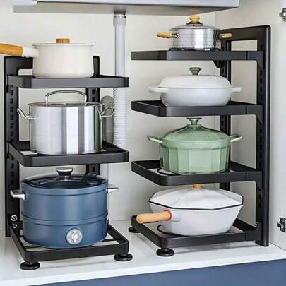 1pc Height Adjustable Three And Four Tier Pot Rack, Storage Rack, Stainless Steel Under Sink Kitchen Pot Storage Rack, Multi-Tier Household Cabinet Rack, Restaurant Kitchen Supplies, Storage Rack, Storage Table