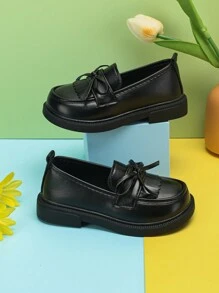 1 Pair Kids Girls' Classic Korean Slip-On Loafers, Fringed Bowknot Patent Leather Breathable Odor-Resistant British Style Dress Shoes For School, Stage Performances, Fashion, Comfort, Anti-Slip Durable Soles
