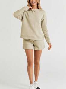 Women's Casual Two-Piece Set Textured Solid Color Two-Piece Short Set With Pocket Brown Long Sleeve Pullover Relaxed Fit Drawstring Waist Shorts With Pocket Crew Neck Hip-Length Solid Color Fall Comfortable Loungewear Outing