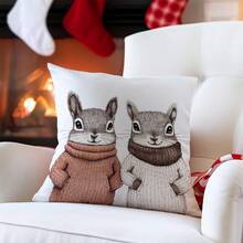 1 件 17.7*17.7 英寸（45*45 厘米）冬季简约松鼠插画装饰枕套（单面印花），适用于沙发、床、汽车、家居装饰，采用桃色天鹅绒制成 - 松鼠 - 查看 9