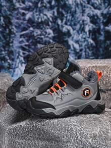 男童登山鞋，冬季保暖毛绒运动鞋，适合户外、幼儿和儿童 - 灰色 - 查看 9