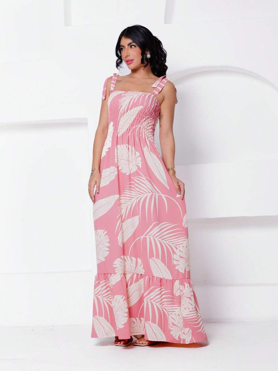 Long Printed Stretch Dress With Straps - Pink - View 1