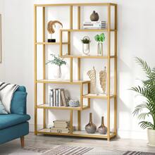 Bibliothèque Tribesigns, étagère de bureau 180 cm avec 8 étagères ouvertes, étagère avec structure en métal, étagère sur pied moderne dorée pour salon, bureau, bureau, blanc + or - Doré - Voir 2