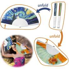 Two Folding Fan Hand Fans, Hand Fans With Famous Paintings By Van Gogh And Gustav Klimt And Monet Painted Beautiful Fabric - Multicolor - View 6