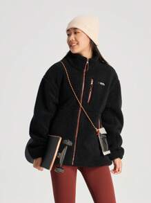 TECTOP 女士户外冲击波夹克秋冬季加厚保暖立领防风拉链口袋 - 黑色 - 查看 5